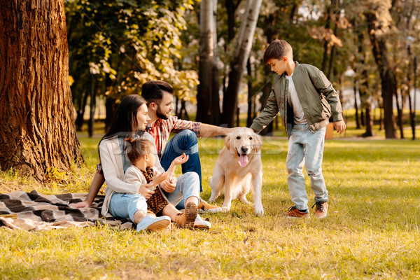 Family playing with dog in park Stock photo © LightFieldStudios