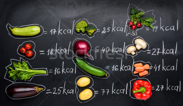 Friss zöldségek kalóriák asztal izolált fekete egészséges életmód Stock fotó © LightFieldStudios