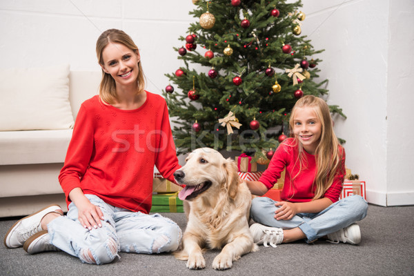 family with dog at christmastime Stock photo © LightFieldStudios