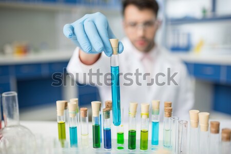 concentrated man scientist in protective glasses analyzing test tubes in lab Stock photo © LightFieldStudios