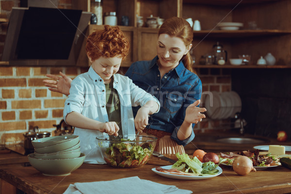 son helping mother cooking dinner Stock photo © LightFieldStudios