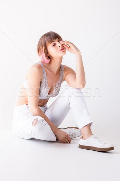 Fatigué femme séance étage jeunes beauté [[stock_photo]] © LightFieldStudios