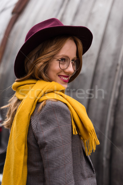 Stockfoto: Meisje · fedora · hoed · mooie · stijlvol