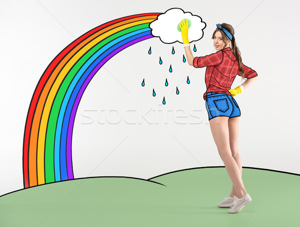 Foto stock: Mulher · jovem · esponja · atraente · jovem · dona · de · casa · luvas