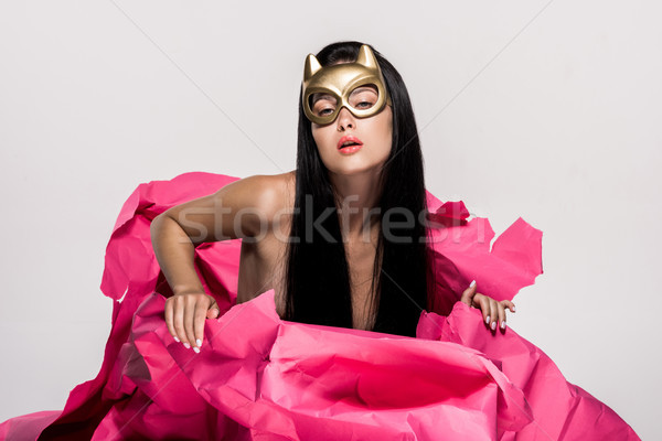 Nő ördög maszk érzéki rózsaszín papír Stock fotó © LightFieldStudios