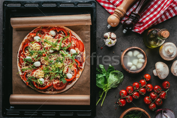 Stock fotó: Felső · kilátás · frissen · sült · pizza · hozzávalók