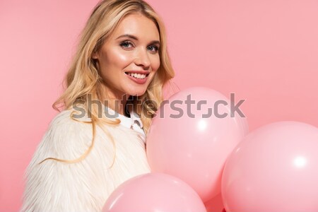 Frau Strohhut Ballons Porträt lächelnde Frau schauen Stock foto © LightFieldStudios