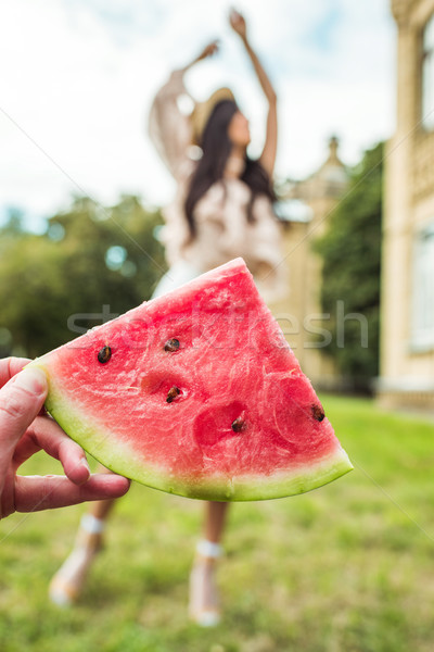 Scheibe Wassermelone Hand Ansicht halten Stock foto © LightFieldStudios