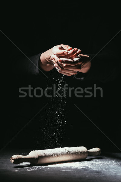 Stockfoto: Shot · chef · handen · gedekt · meel · deegrol