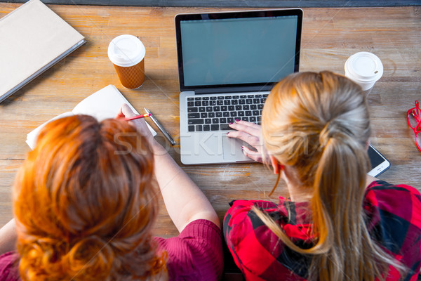 婦女 使用筆記本電腦 頂部 視圖 兩個女人 商業照片 © LightFieldStudios