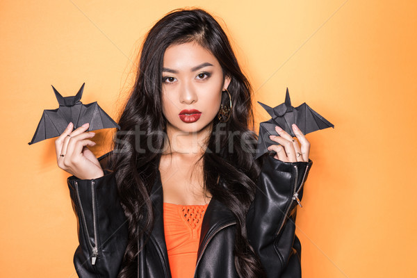 Stock foto: Frau · halten · Origami · schönen · asian · Lederjacke