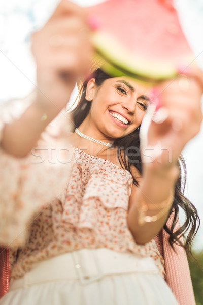 Foto stock: Menina · fatia · melancia · belo · mulher · jovem