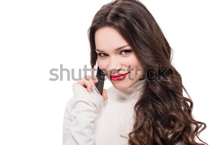 笑顔の女性 話し 電話 肖像 小さな 幸せ ストックフォト © LightFieldStudios