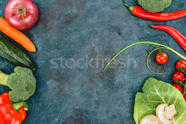 Stock photo: top view of fresh healthy vegetables on black