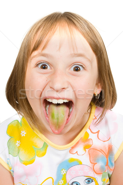 Grimace petite fille autour drôle de visage vert Photo stock © Lighthunter