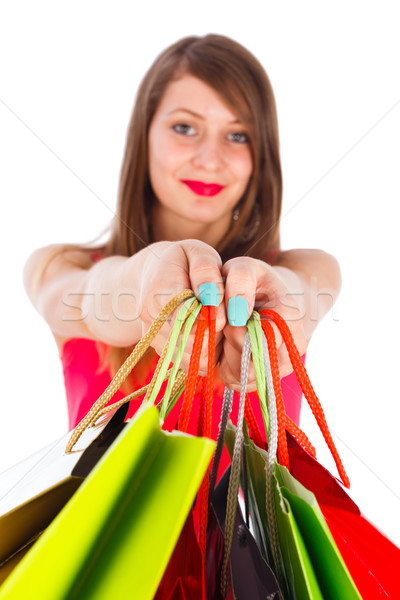 Afgewerkt winkelen mooie vrouw veel kleurrijk Stockfoto © Lighthunter