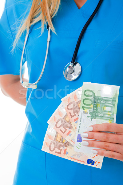 Foto stock: Dinero · médico · euros · manos · caro