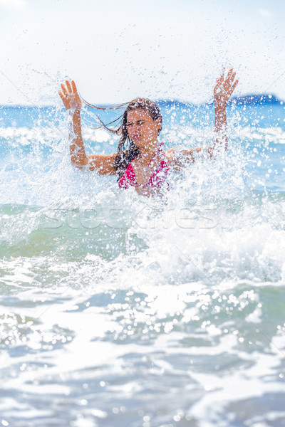 Foto stock: Sorpresa · jóvenes · morena · mujer · grande · ola