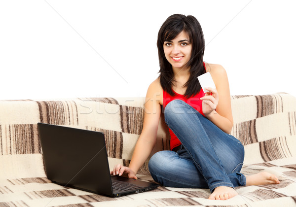Stockfoto: Winkelen · online · vrouw · kaart · betalen