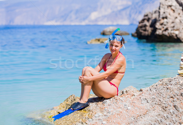 Kész jókedv boldog nő snorkeling viselet Stock fotó © Lighthunter