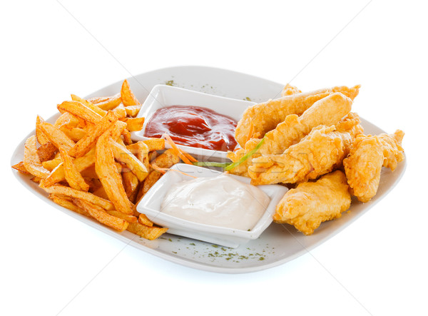 Stockfoto: Chips · kipfilet · smakelijk · strips · brood