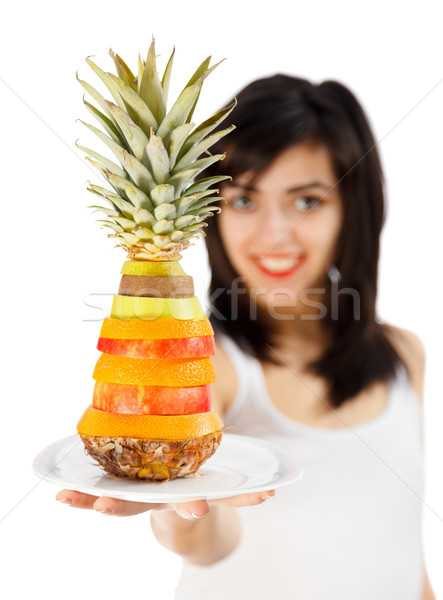 [[stock_photo]]: Mixte · fruits · ananas · plaque · souriant