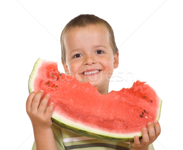 Extatisch jongen watermeloen plakje groot grijns Stockfoto © lightkeeper