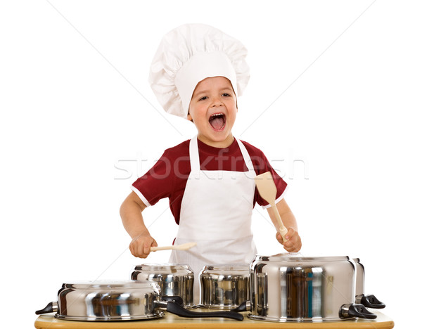 Happy chef shouting and banging the cooking pots Stock photo © lightkeeper