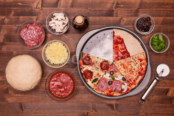 Ingredients and phases of making a delicious pizza Stock photo © lightkeeper