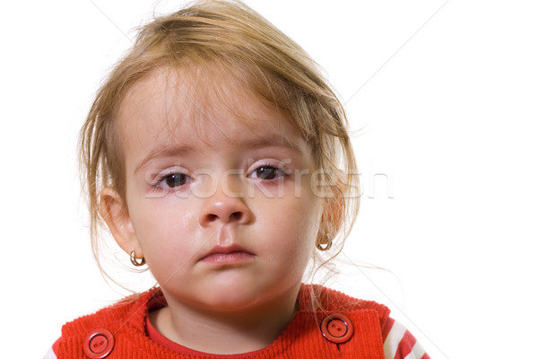 Foto stock: Little · girl · gripe · vermelho · olhos · saúde · branco