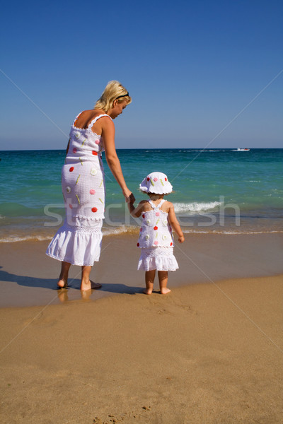 Woman and little girl walking on the beach Stock photo © lightkeeper