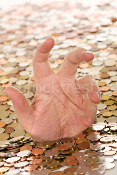 Stock foto: Ertrinken · Schulden · Mann · Hand · bedeckt · Münzen