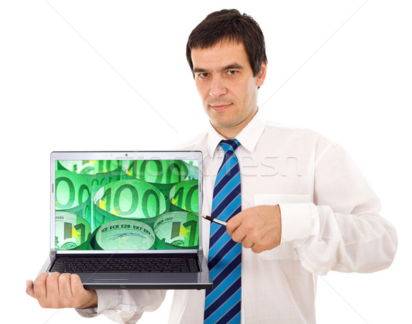 Pénzkeresés online üzletember mutat laptop képernyő Stock fotó © lightkeeper