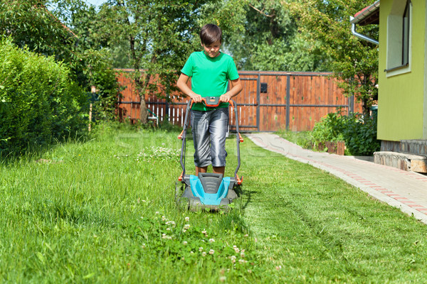 Boy cutting grass around the house in summertime Stock photo © lightkeeper