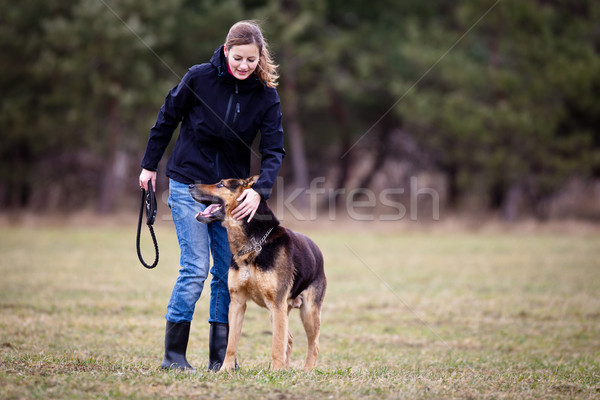 [[stock_photo]]: Maître · obéissant · chien · pasteur · femme · fille