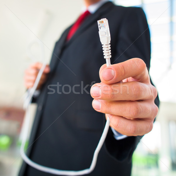 Young businessman holding an ethernet cable - stressing the impo Stock photo © lightpoet