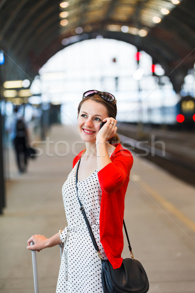 [[stock_photo]]: Joli · jeune · femme · gare · femme · ville · train