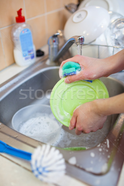  woman hands rinsing dishes under running water in the sink Stock photo © lightpoet