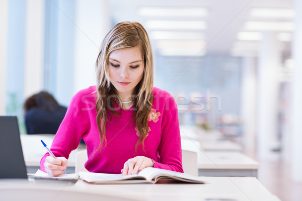 Stock foto: Bibliothek · ziemlich · weiblichen · Studenten · Laptop · Pfund