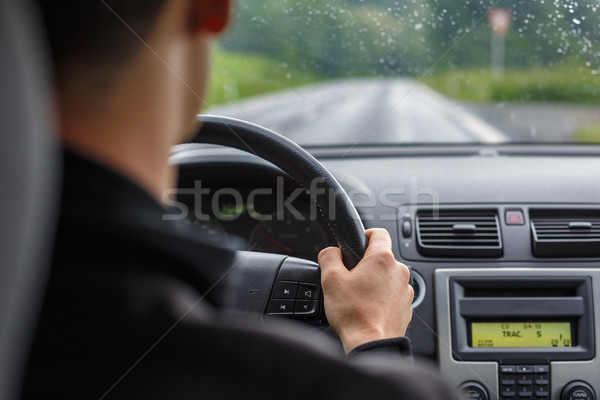 Stockfoto: Man · rijden · auto · handen · stuur · gelukkig