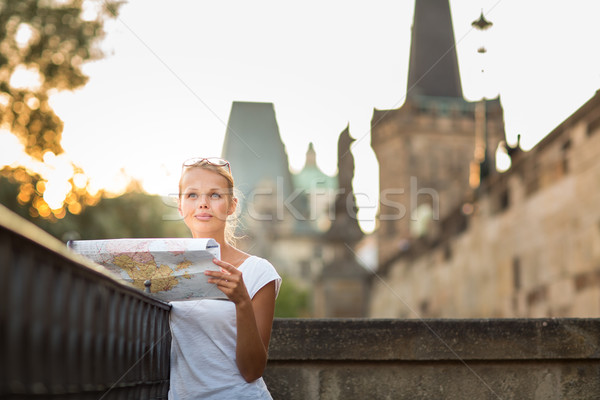 Mooie jonge vrouwelijke toeristische studeren kaart Stockfoto © lightpoet