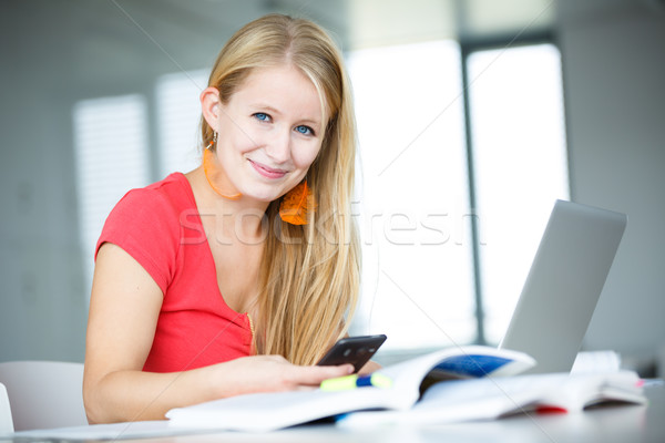 In the library - female student with books, papers and laptop Stock photo © lightpoet