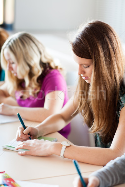 Stock photo: young pretty female college student sitting in a classroom