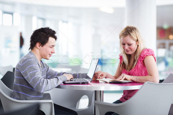 Two college students having fun studying together, using a lapto Stock photo © lightpoet