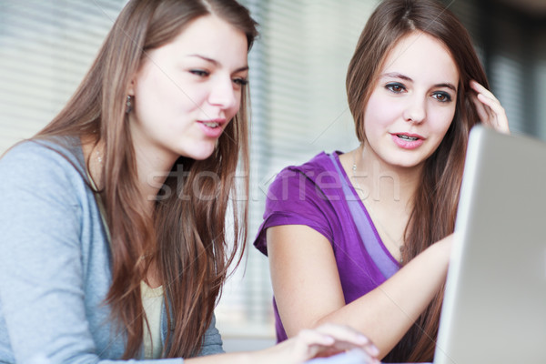 Stock photo: Two female college students working on a laptop computer 