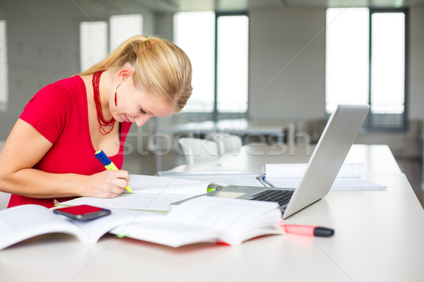 In the library - female student with books, papers and laptop Stock photo © lightpoet