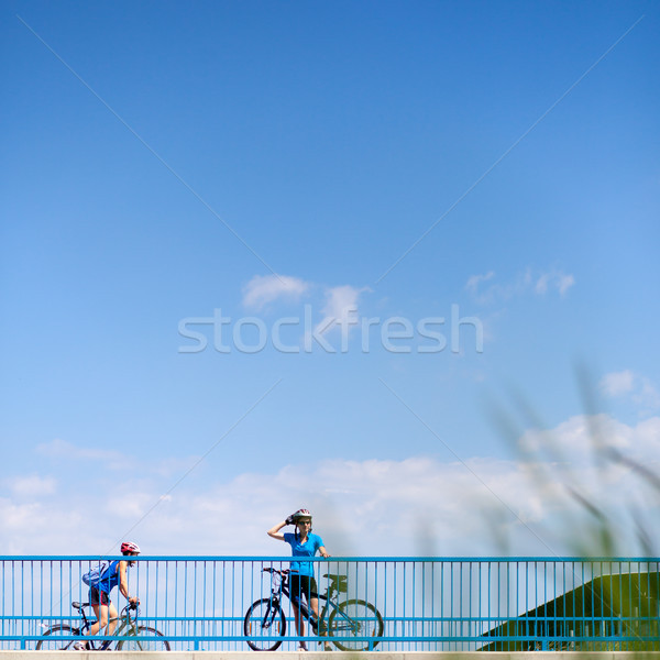 Poszter reklám biciklizik tevékenységek női kerékpáros Stock fotó © lightpoet