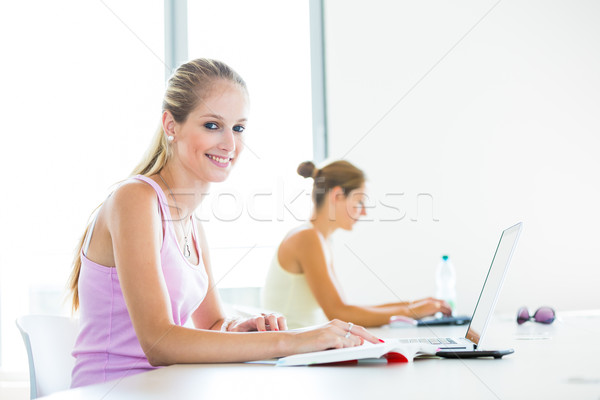 On campus - pretty, female student with books and laptop Stock photo © lightpoet