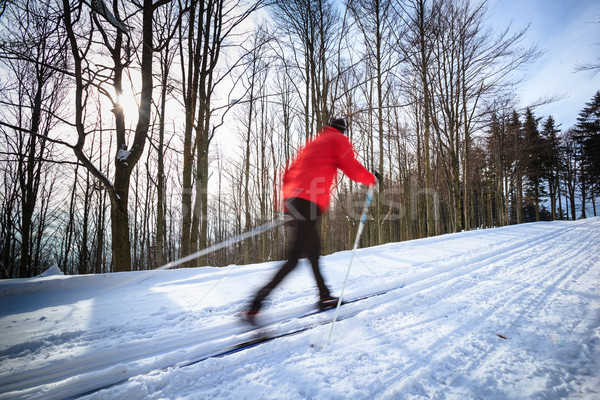 Skifahren junger Mann sonnig Winter Tag Bewegungsunschärfe Stock foto © lightpoet