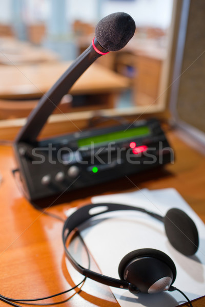 Stock photo: interpreting - Microphone and switchboard in an simultaneous int